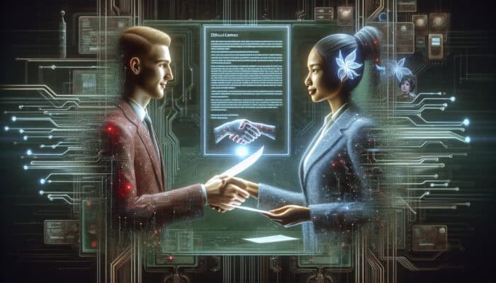 Ethical Guidelines for Human Virtual Assistant Contracts: A virtual assistant and client shaking hands over a glowing contract, symbolizing trust and ethical integrity.