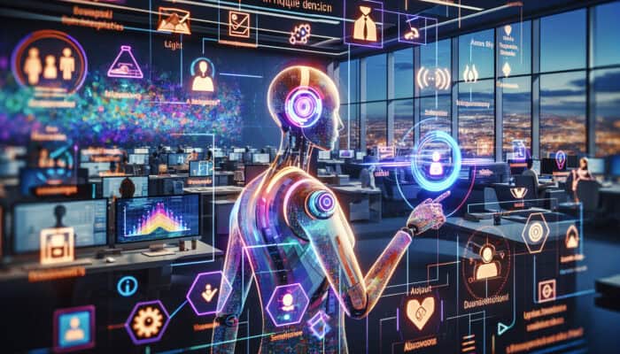 Finding Your First Client As A Human VA: A human virtual assistant presenting a holographic value proposition in a vibrant, digital workspace.