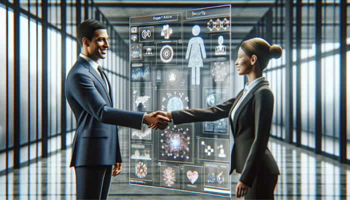 Human virtual assistant shaking hands with new client, surrounded by digital screens and security icons in modern office.