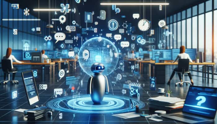 Minimizing Errors With Skilled Human Virtual Assistants: A virtual assistant amidst floating error messages and misinterpreted instructions in a busy office, with a clock showing delays.