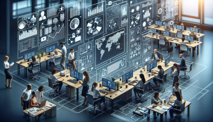 Hiring Human Virtual Assistants for Newsletter Management: A diverse team in a modern office with a virtual assistant managing newsletters on a computer, enhancing productivity.