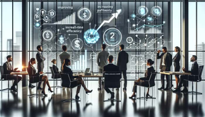 Cost Control in Scaling via Human Virtual Assistants: A modern office with professionals analyzing cost metrics on a digital dashboard, showing efficiency and profitability trends.