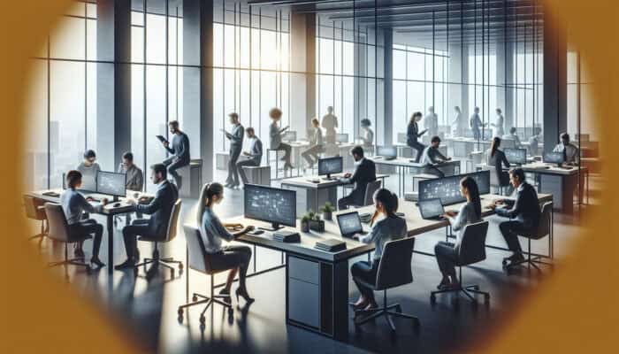 Gaining Competitive Edge Through Human Virtual Assistants: A diverse group of remote professionals using laptops and tablets to provide various support services in a modern office.