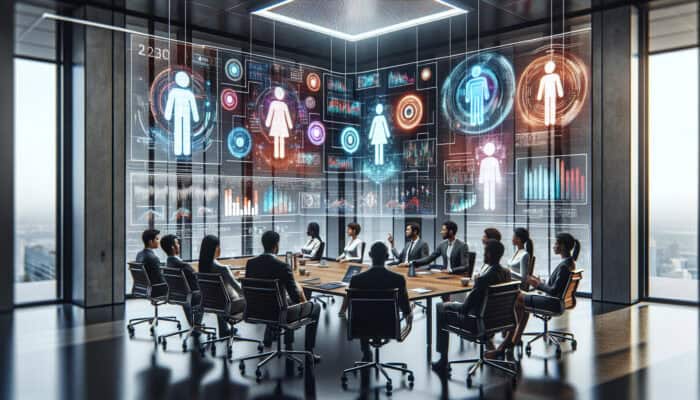 A diverse group of experts discussing fair wage standards for human virtual assistants in a modern conference room with data displays.