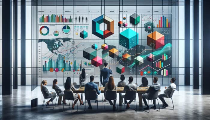 Diverse employees reviewing salary structures and wage audits on a screen in a modern office.