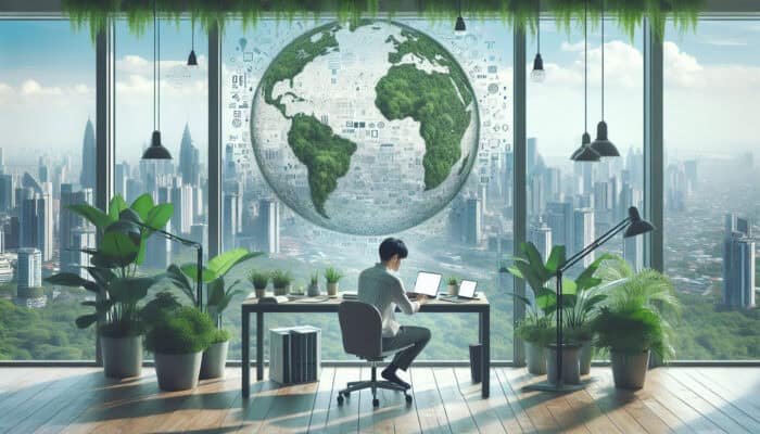 Green Remote Work Strategies With Human Virtual Assistants: A home office with plants and a laptop, overlooking a city with less traffic, symbolizing reduced carbon footprint from remote work.