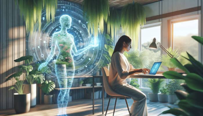 A home office with plants, a person using a laptop, and a holographic virtual assistant.