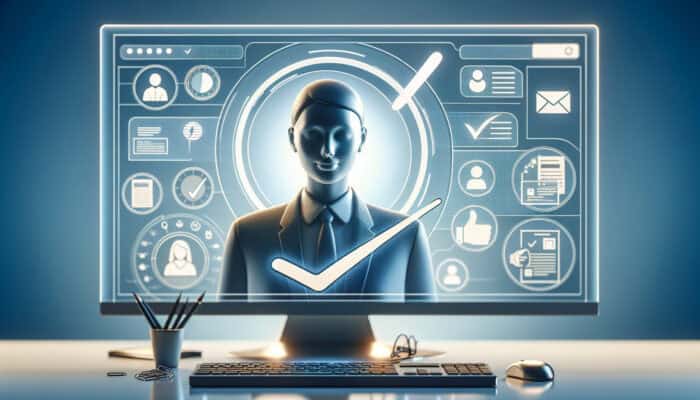 Mastering Email Skills for Virtual Assistants: A serene virtual assistant efficiently organizing emails, surrounded by prioritized tasks and client feedback icons.