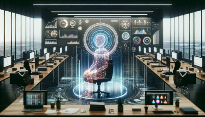 A virtual assistant in a modern office, receiving email management tips from expert holograms on digital screens.