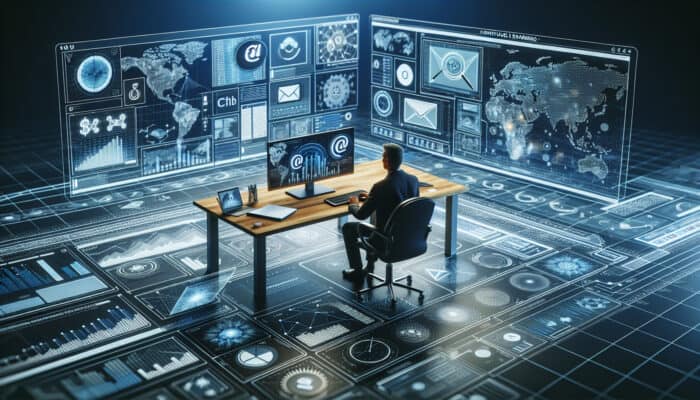 A virtual assistant at a modern desk using a laptop for an online webinar, surrounded by screens showing email tools and trends.