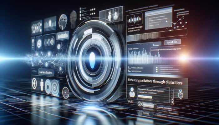 Guiding Human Virtual Assistants in Lead Nurturing: A futuristic interface of a virtual assistant engaging users through text and voice, with data streams and learning algorithms.