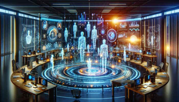 Holographic virtual assistants in a futuristic office, managing lead nurturing tasks and enhancing customer satisfaction 24/7.