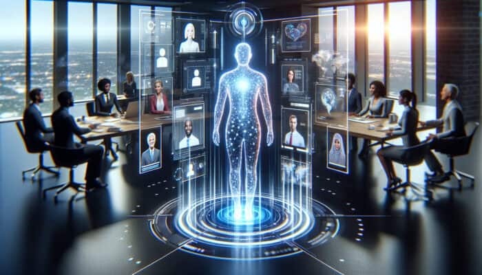 A futuristic virtual assistant engaging leads with personalized holograms and automated follow-ups in a modern office.