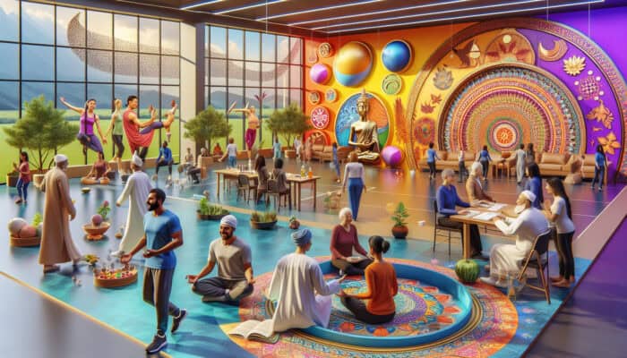 Wellness Programs for Human Virtual Assistants: A vibrant wellness center with diverse groups participating in fitness, nutrition, mental health, and stress management activities.