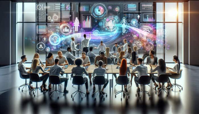 Collaborative Brainstorming With Human VAs: A diverse group in a modern office brainstorming with holographic VAs, enhancing creativity and collaboration.