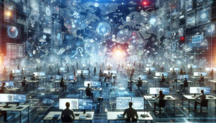 Growth Planning in Remote Human VA Environments: A vibrant digital workspace with remote workers collaborating on virtual platforms using data-driven tools and open communication.