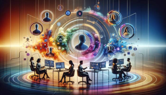 Resource Sharing With Beginner Human Virtual Assistants: Diverse virtual assistants sharing digital resources and knowledge in a modern workspace.