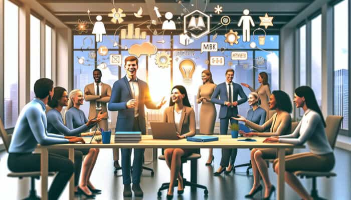 Onboarding Processes for Remote Human Virtual Assistants: A new employee engaged in an orientation session with colleagues, surrounded by company culture symbols and training materials in a vibrant office.