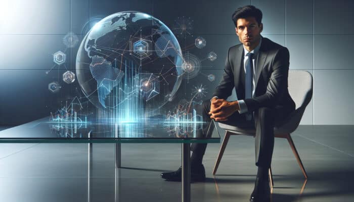 Exit Strategy Optimisation Using Human VAs: A business owner plans exit strategy, analyzing market trends and charts in a modern office.