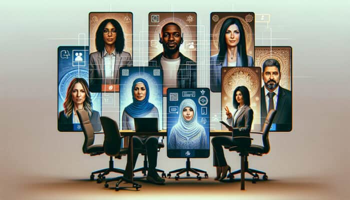 Conflict Resolution for Remote Human Virtual Assistants: A diverse remote team in a virtual meeting, displaying frustration and confusion due to miscommunications and cultural differences.
