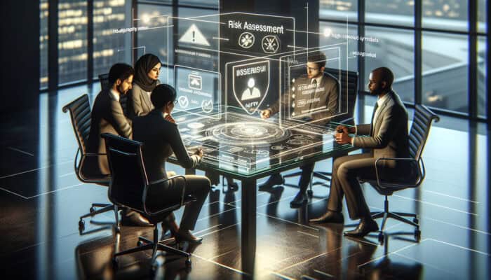 Risk Assessment for High-Level Human VA Projects: A detailed risk assessment meeting in a modern office, professionals analyzing charts and data on screens for high-stakes human VA projects.