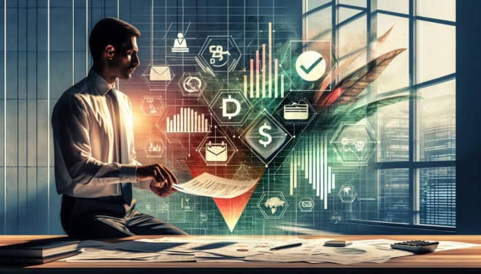 Tax Withholding in Human VA Contracts: Employee reviewing payslip with tax deductions; government building in background represents revenue for public services.