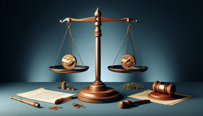 Payment Terms Legalities for Human Virtual Assistants: A balanced scale with four pillars labeled 'Offer', 'Acceptance', 'Consideration', and 'Mutual Assent', surrounded by legal documents and a gavel.