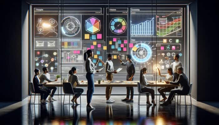 Deadline Meeting With Human VA Assistance: A diverse team in a modern office setting collaboratively managing deadlines with task boards and digital calendars.