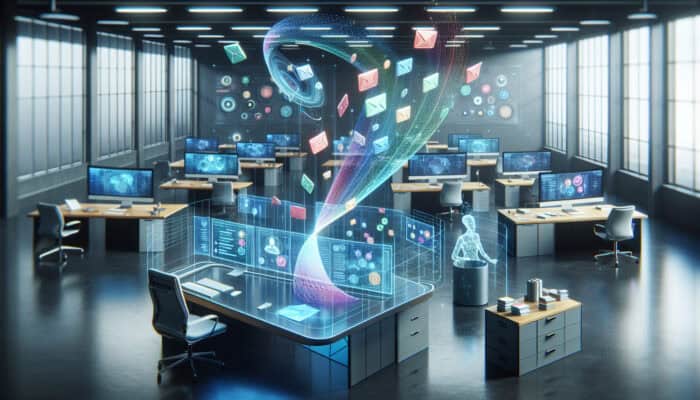 Mastering Email Management as a Human Virtual Assistant: A virtual assistant sorting emails into color-coded folders and labels in a modern office.