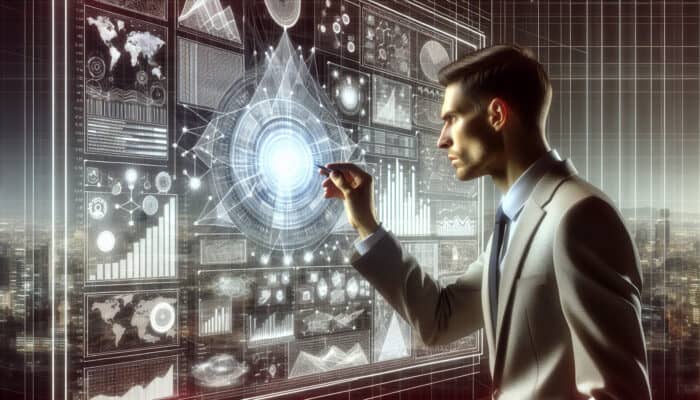 Research-Driven Decisions Aided by Human Virtual Assistants: A person analyzing data visualization and charts in a modern office, symbolizing research-driven decision-making.