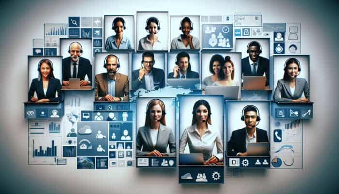 Resource Sharing in Remote Human VA Teams: Diverse remote virtual assistants sharing digital resources on a virtual platform, enhancing global productivity.