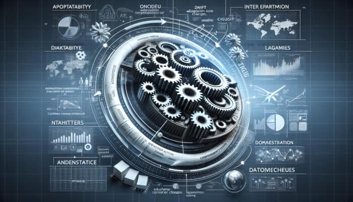 Agility Enhancement for Growing Businesses with Human VAs: A dynamic business environment with teams adapting to market changes, symbolized by gears and data streams.