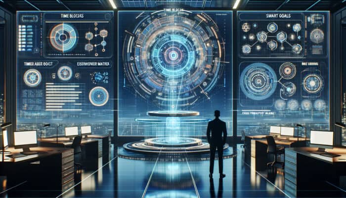 Time Management Advanced Skills for Human VAs: A futuristic office with holographic time management tools and a person reflecting on productivity.