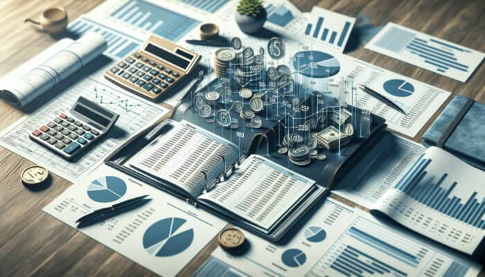 Budget Tracking in Human VA Payment Systems: A ledger with graphs and charts on a desk, surrounded by financial documents and a calculator, illustrating budget tracking.