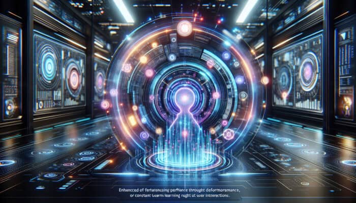 Feedback Loops for Distant Human Virtual Assistants: Futuristic virtual assistant interface with glowing feedback loops in a neon-lit environment.