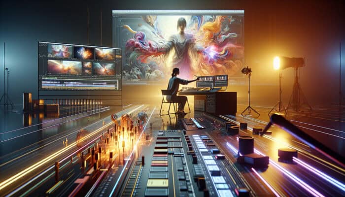 Video Editing Proficiency for Human VAs: A human vas editing video footage on a high-tech suite, creating a compelling narrative with vibrant scenes.