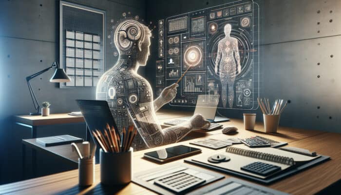 Optimising Time Management With Human VAs: A person using a computer to delegate tasks to a virtual assistant, surrounded by schedules and productivity tools in a modern office.