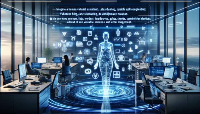 Optimising Workflow Automation for Experienced Human VAs: A futuristic office with a virtual assistant using technology to automate tasks, enhancing efficiency.
