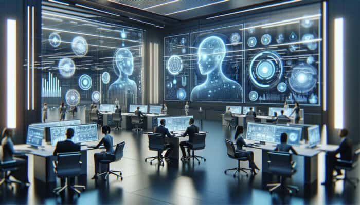 Adaptability in Business Growth with Human Virtual Assistants: Sleek office with virtual assistants as glowing orbs managing tasks on holographic screens, enabling strategic focus.