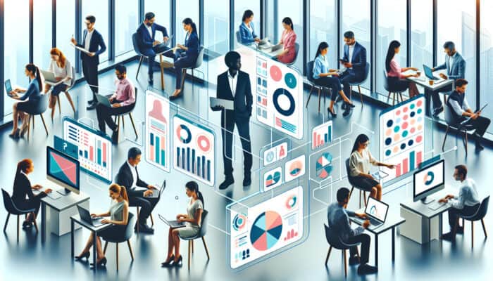 Customising Training for Administrative Tasks with Human VAs: A diverse group of professionals using personalized digital tools in a modern office for tailored learning.