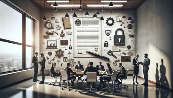 Non-Disclosure Agreements for Human VA Work: A legal "Non-Disclosure Agreement" document with signatures, locks, and keys, in a professional office setting with business professionals.
