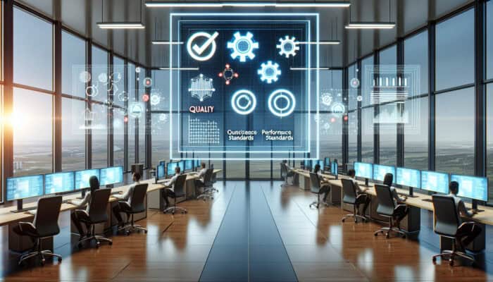 Quality Control in Human Virtual Assistant Services: Sleek office with virtual assistants, digital screen showing quality standards, and performance graphs.