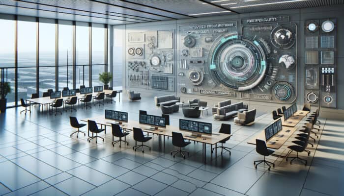 Security Measures in Remote Human VA Collaborations: A futuristic virtual assistant interface with advanced security features in a modern office.