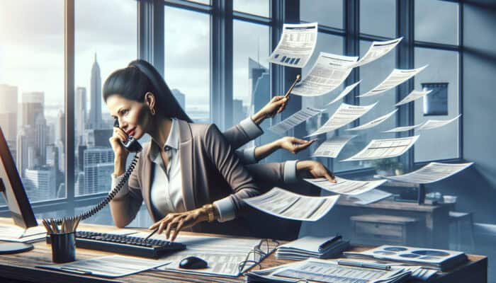 Real Estate Task Handling Case Studies With Human VAs: A real estate manager multitasking in a busy office with city skyline view.