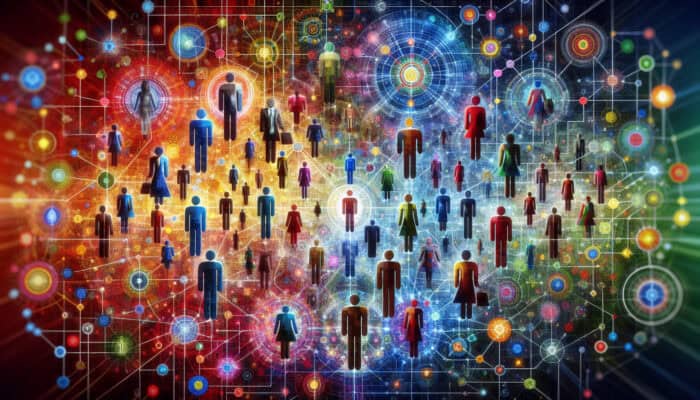 Partnership Leveraging Through Human VAs: A vibrant network of diverse individuals exchanging resources and ideas, fostering trust and growth.