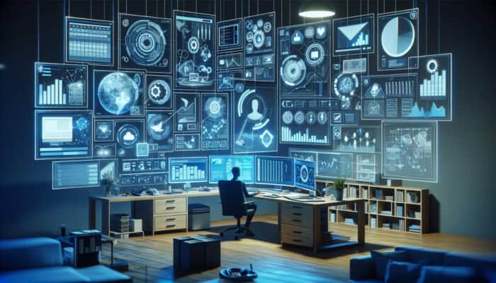 Diversifying Services as a Human Virtual Assistant: A virtual assistant in a modern home office managing schedules, reports, and technical support on multiple devices.