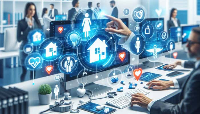 Virtual assistants in office managing real estate and healthcare tasks efficiently.