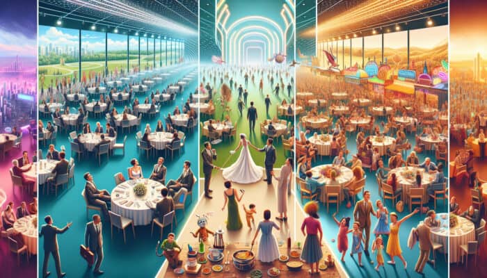Training on Event Planning for Human Virtual Assistants: A collage of a professional corporate conference, a personalized wedding, and a lively community festival.