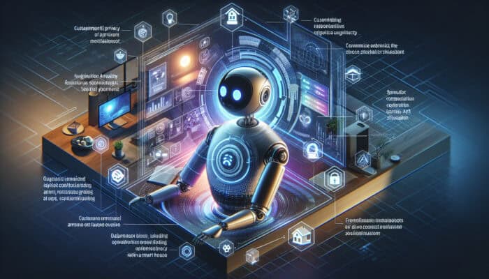A futuristic virtual assistant using AR, engaging in personalized, context-aware conversation in a smart home.