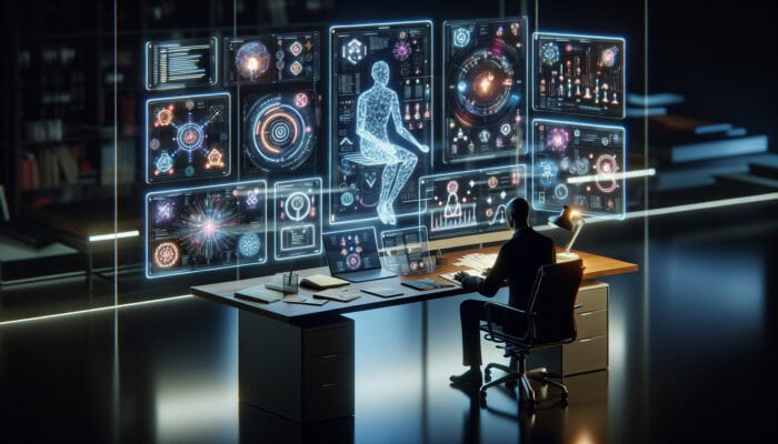 Enhancing Focus by Delegating to Human Virtual Assistants: A person at a modern desk with holographic screens, assisted by a glowing virtual figure managing tasks.